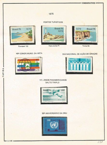 Selos do Brasil - Parte de uma Coleção de Selos do Brasil - 7 Selos Comemorativos - 1975