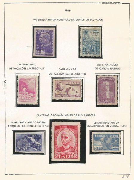 Selos do Brasil - Parte de uma Coleção de Selos do Brasil - 8 Selos Comemorativos - 1949