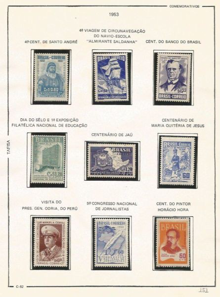 Selos do Brasil - Parte de uma Coleção de Selos do Brasil - 9 Selos Comemorativos - 1953