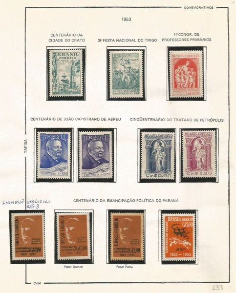 Selos do Brasil - Parte de uma Coleção de Selos do Brasil - 11 Selos Comemorativos - 1953