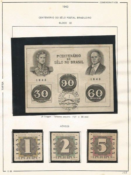 Selos do Brasil - Parte de uma Coleção de Selos do Brasil - 3 Selos e 1 Bloco Comemorativos - 1943