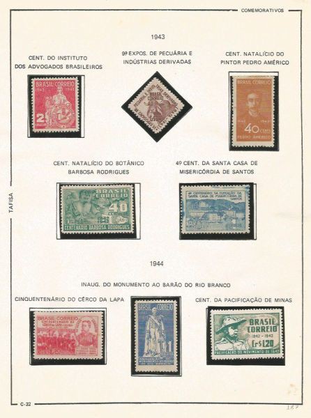 Selos do Brasil - Parte de uma Coleção de Selos do Brasil - 8 Selos Comemorativos - 1943