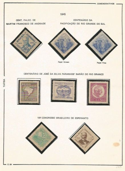 Selos do Brasil - Parte de uma Coleção de Selos do Brasil - 8 Selos Comemorativos - 1945