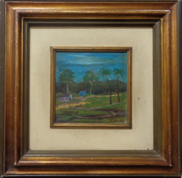 F. REBOLO, óleo sobre azulejo, representando paisagem, medindo 15 x 15 cm