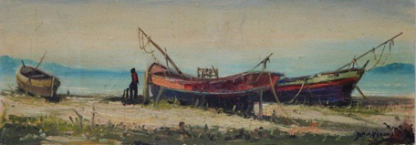 Durval Pereira - Marinha com Barcos - Óleo sobre Placa medindo 22 x 62 - A.C.I.D