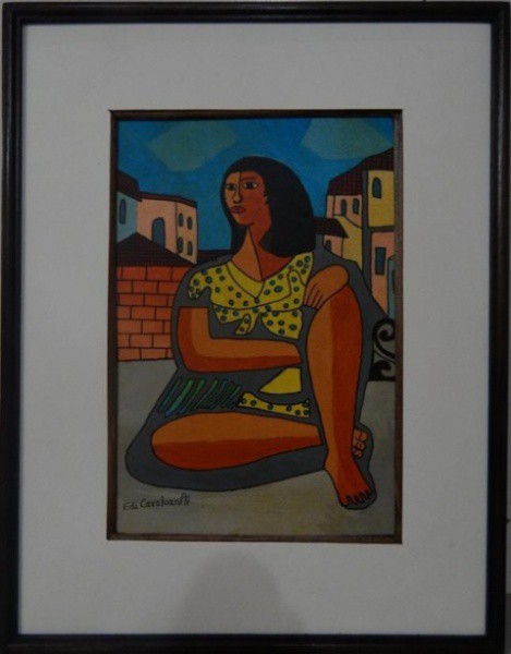 Emiliano Di Cavalcanti - Mulata Com Casario ao Fundo - Guache sobre Cartão medindo 26x18 - A.C.I.E