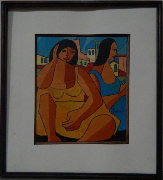 Emiliano Di Cavalcanti - Mulatas Com Casario ao Fundo - Guache sobre Cartão medindo 23x20 - A.C.I.D