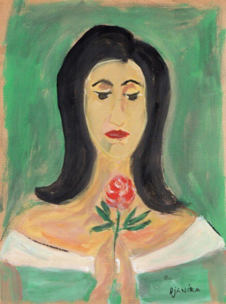 Djanira - Figura com Flôr - Guache sobre Papel medindo 22x17 - A.C.I.D