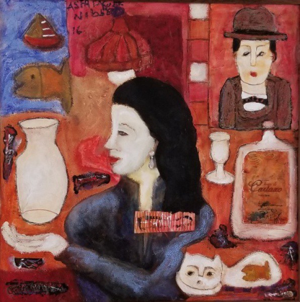 JAVIER ALVARO ASFADUROFF NIBBES (1954) Título: No bar Técnica: técnica mista Medidas: 50 x 50 cm Ass