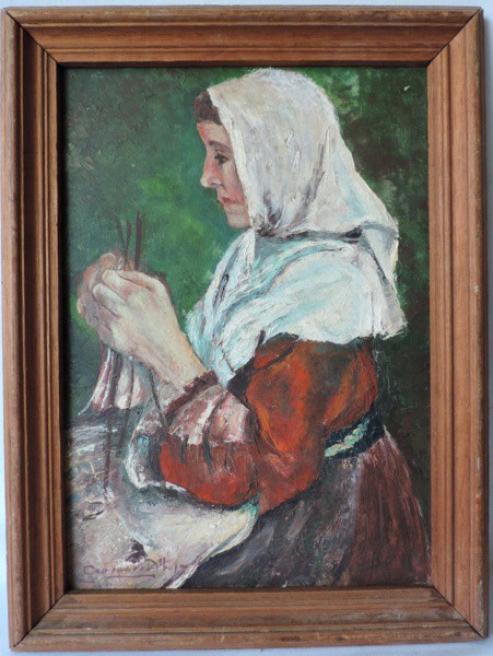 Giorgina Albuquerque -  Quadro "Mulher tricotando", Ass Cie e com medidas de 54cm x 40cm.