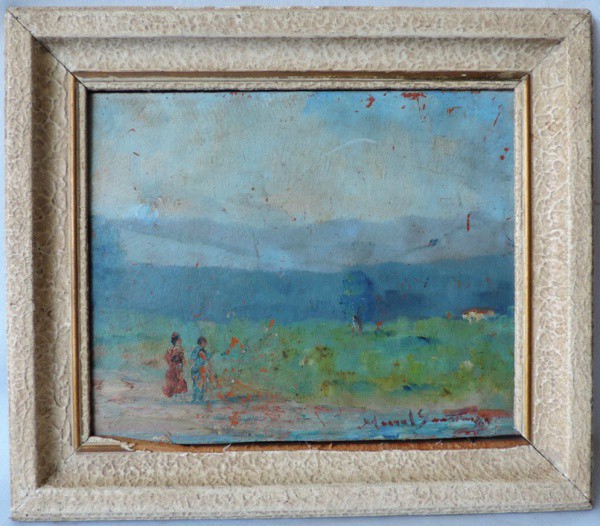 Manuel Santiago - Quadro  "Casal" Ost, colado em eucatex. Medidas de 35cm x 30cm. Ass. cid.