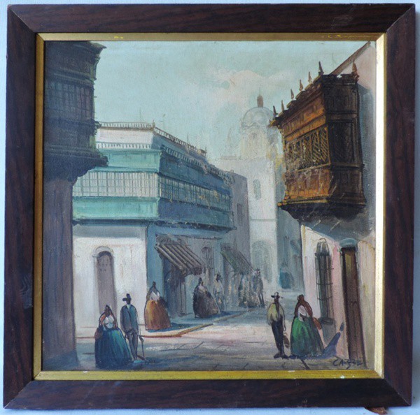 Caribé - Belo quadro Ost, "Vilarejo", Ass. Cid e com medidas de 46cm x 46cm.