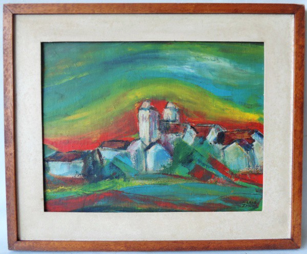 Mario Zanine - Quadro "Vilarejo", OSt colado em Eucatex. Medidas de 47cm x 39cm. Assinado no