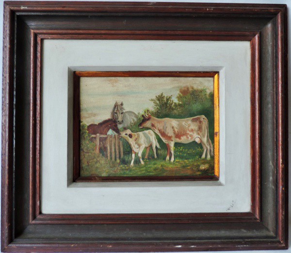 Henrique Pousão -Quadro "Animais na cerca", Ost, ass. cid. Medidas de 47cm x 41cm.