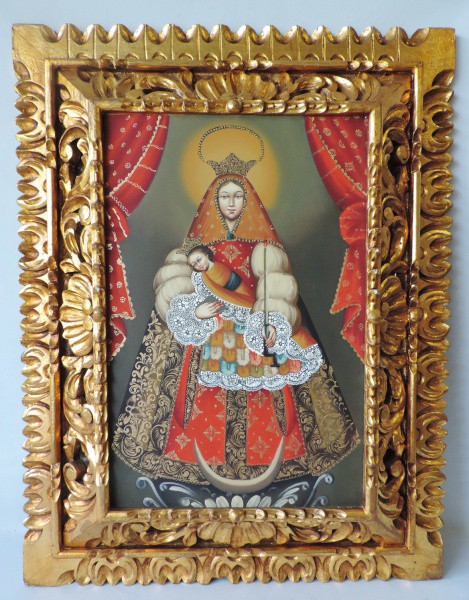 Cusquenho - Espetacular quadro Cusquenho representando Nossa Senhora. Possui rica moldura de madeira