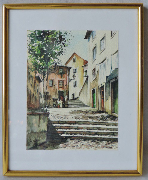 Stefa - Quadro Aquarela sobre papel, com moldura de vidro e aluminio. Medidas de 24cm x 10cm.