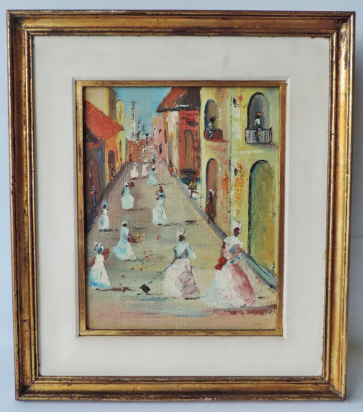 Lindo Quadro de técnica Acrílico sobre Eucatex  "Baianas", Assinatura não localizada. Medida