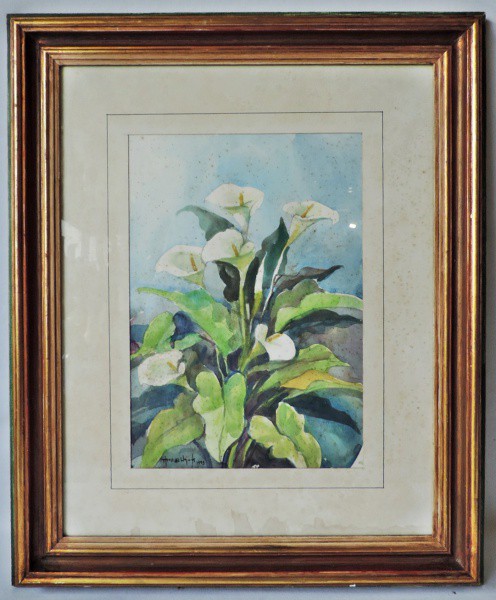 Quadro "Flores", técnica de aquarela sobre papel em moldura com vidro e madeira. Medidas de