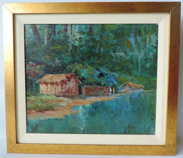 Virgílio - Quadro Óleo sobre madeira, "Casa com Riacho", Assinado no Cid e com bela mol,dura