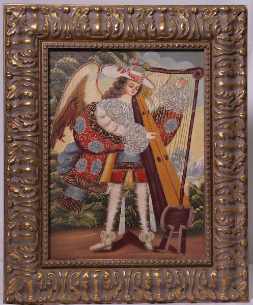 Maravilhoso quadro "CUSQUENHO"óleo sobre tela representando anjo Gabriel tocando Harpa, mold