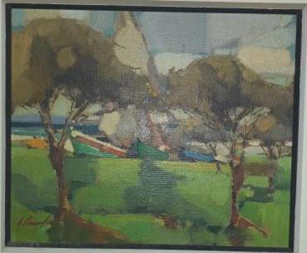 ARMÍNIO PASCUAL (1920 - 2006) "Paisagem com Marinha D´água -  o.s.e., 28 X 23 cm, assinado datad