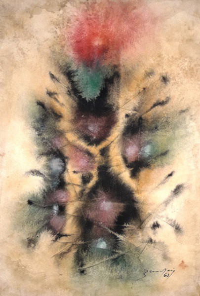 ANTONIO BANDEIRA, 1963, EXPLOSÃO, TÉCNICA MISTA SOBRE CARTÃO. 42 X 29 cm.