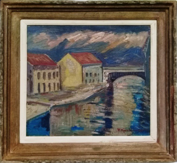 T. KAMINAGAI, ÓLEO SOBRE PLACA, CASARÍO A MARGEM DO RIO. 45 X 50 cm