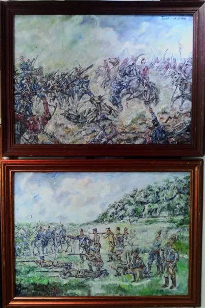 Guerra Do Paraguai - Par de quadros, pintura óleo sobre tela com cenas da Batalha de Tuiuti travada