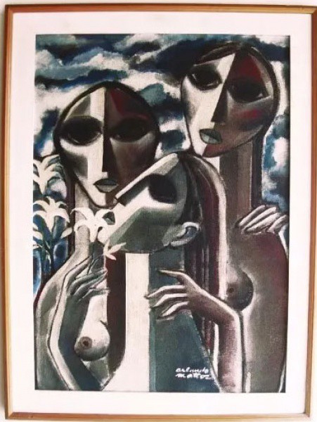 Orlando Mattos - Pintura Cubista, Acrílico Sobre Eucatex, figurativo Feminino, Assinado no canto inf