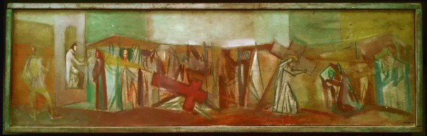 Antiga Pintura em técnica mista sobre Madeira representando a Via Crucis, no estilo Portinari. Em bo