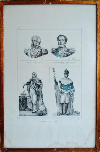 Estampa emoldurada de J.B. Debret "Le roi Don João VI" e"Lempereur Don Pedro I". Gra