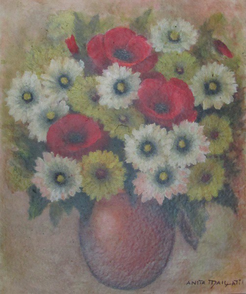 ANITA MALFATTI, o.s.cartão.colado em madeira. "Vaso com flores", medindo: 36 x 30,5 cm. A.c.