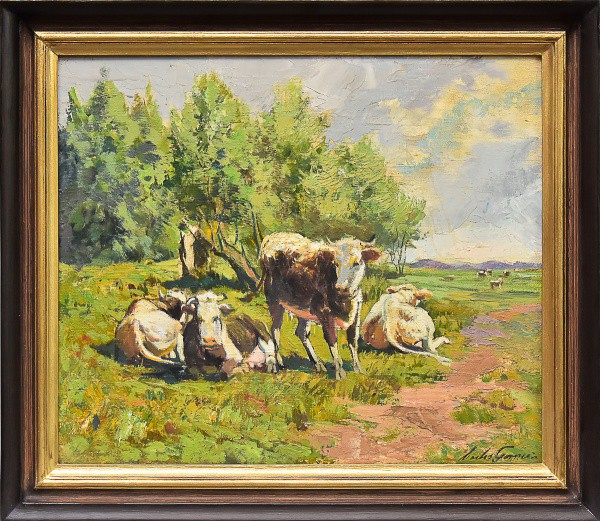 Carlos Pinto Gomes - "Cena campestre" Óleo sobre tela, assinado canto inferior direito. Med.