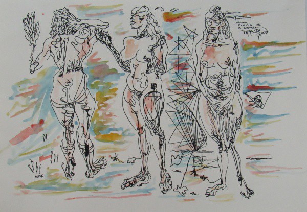 FLÁVIO DE CARVALHO, nanquim e aquarela. "Figuras", medindo: 29,5 x 42 cm. Datado de 1957. A.