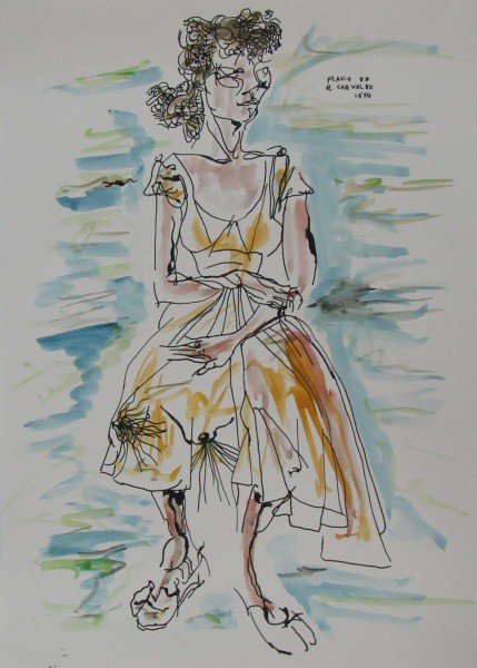 FLÁVIO DE CARVALHO, nanquim e aquarela. "Figura feminina", medindo: 42 x 29,5 cm. Datado de