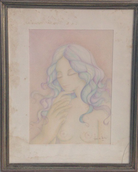 LUCIA DE MATTOS - "Figura Feminina" Técnica mista, A.C.I.D e datado de 1983. Med 47x33 cm.