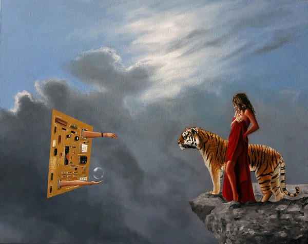 Iri Vilela, OST, 40 x 50 cm, ACID, 2012, O Jogo da Eletrônica, Observado pela Melher e o Tigre. Pi