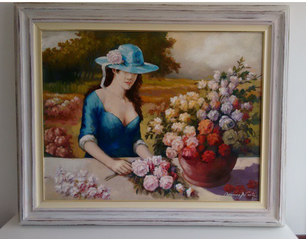Manoel Costa, Florista de Chapéu Azul, OST 70 x 90 cm (com Moldura 93 x 113 cm) ACID e Verso