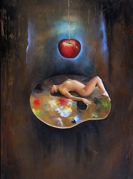Iri Vilela, Técnica Mista, 100 x 160 cm, ACID, 2005, `Mulher na Palheta com Maçã`, obra emoldurada.