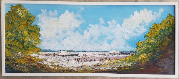 Alcy Vianna, OST, 30 x 74 cm, com moldura baguete branca, medindo 33 x 76 cm, ACID. Pintor e desenhi