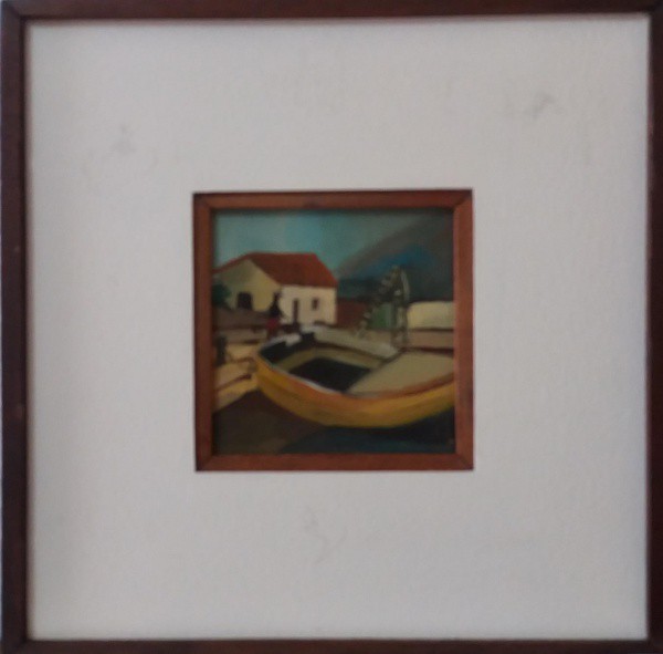 Assinatura não localizada, OSE, 11 x 11 cm (com moldura 28 x 28 cm), representando casario.