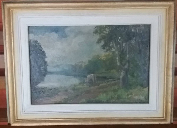Assinatura não identificada, antiga pintura a óleo sobre tela, 36 x 54 cm (com bela moldura de época