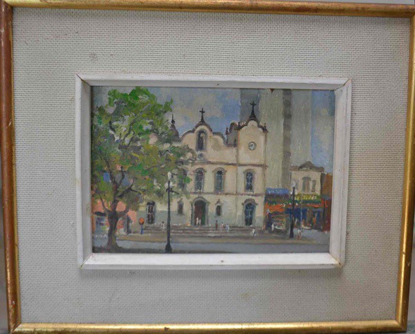 J.R.Pinto - Paisagem com Igreja  - Óleo sobre Cartão Grosso - 29x28 - Sem Moldura - Sem Assinatura