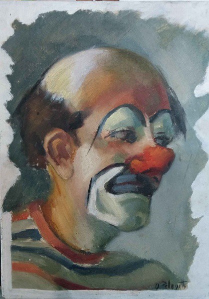 Omar Pellegatta - Palhaço e Casario no Verso - Óleo sobre Madeira - 33x24 - Sem  Moldura - Acid