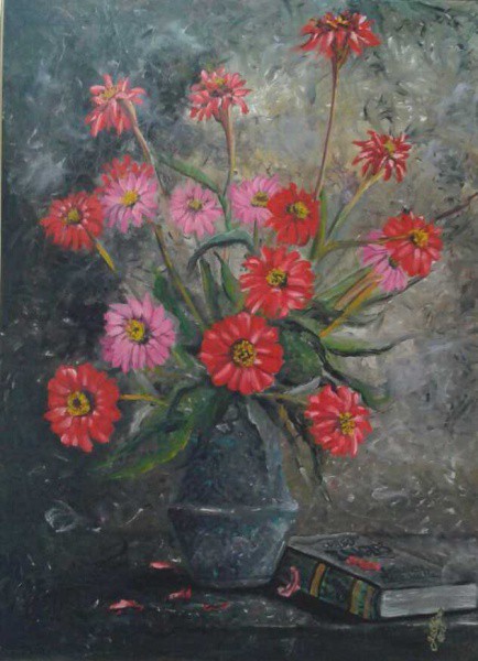 Galdino - Flores no Vaso Azul - Óleo sobre Tela - 80x100 - Com moldura - Acid