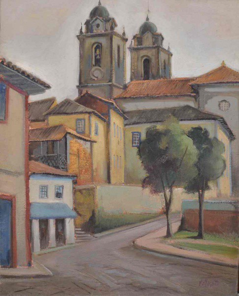 Omar Pellegatta - Catedral e Casario Contra Luz (Diamantina) - Óleo sobre Tela - 40x50 - Sem Moldura
