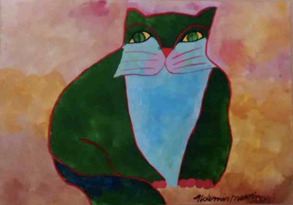 Aldemir Martins - Gato Verde - Acrílica sobre Cartão - 40x32 - Com Moldura - Acie - Obra já revisada