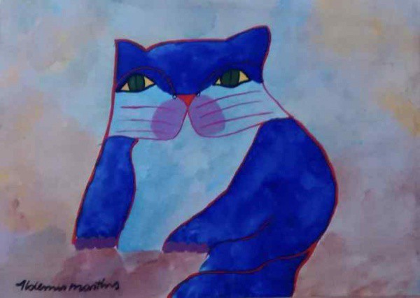 Aldemir Martins - Gato Azul - Acrílica sobre Cartão - 40x32 - Com Moldura - Acie - Acompanha Certifi