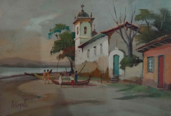 Omar Pellegatta - Paisagem com Pessoas - Óleo sobre Eucatex - 19x27 - Sem Moldura - Acie