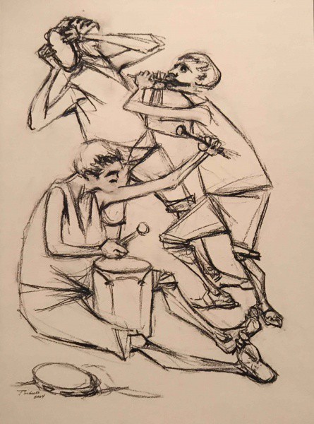 Enrico Bianco - Meninos Músicos - Crayon sobre Papel - 67x48 - Com Moldura - Acie - Com Certificado